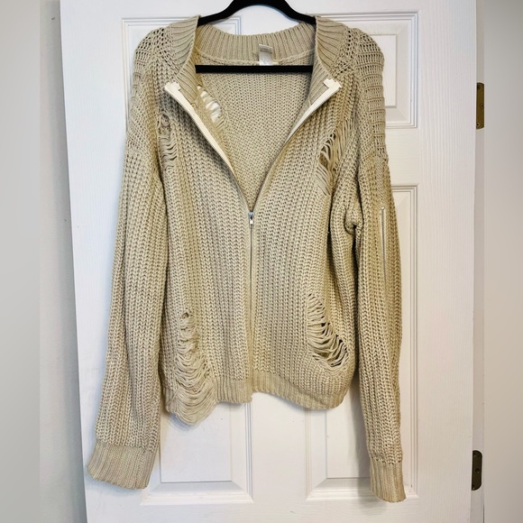 Main Strip cream oversized distressed zipper cardigan; ONESIZE;perfect condition - Picture 1 of 7